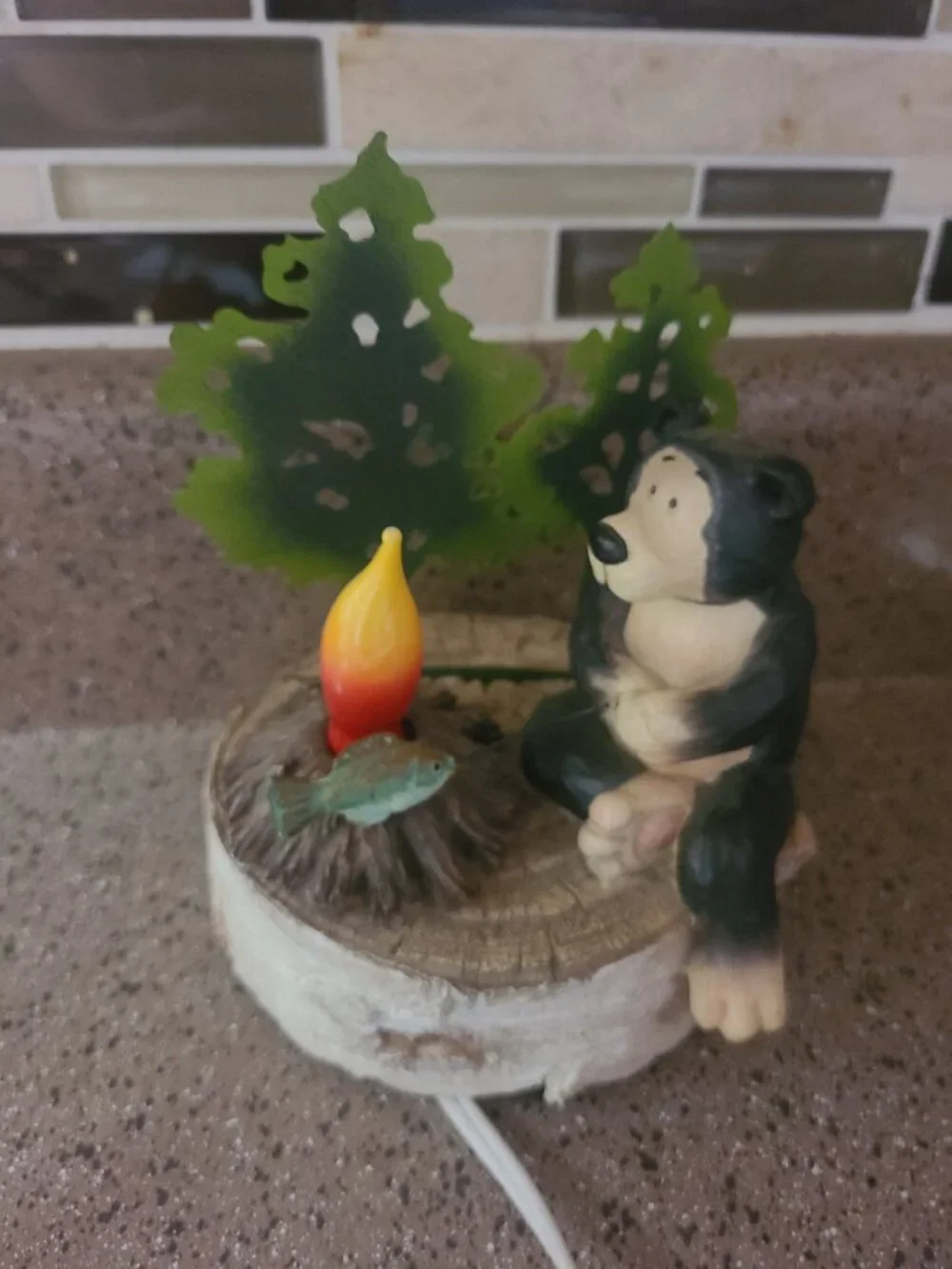 Bear Cooking A Fish Campfire Table Lamp Rustic Night Light Cabin Lodge Pines